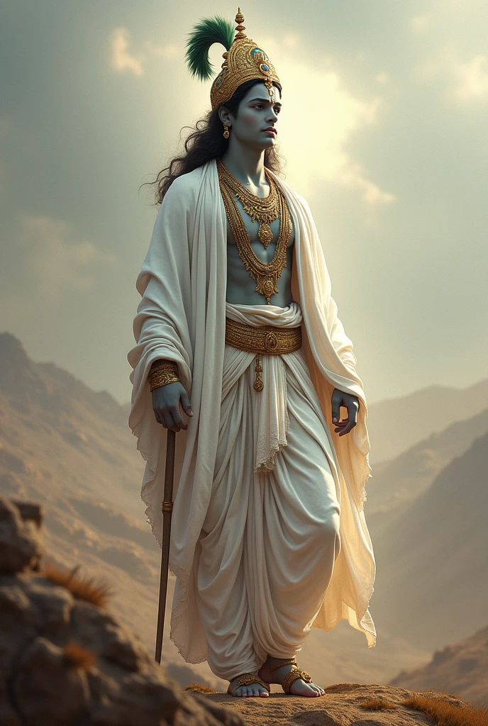 lord krishna in White clothes in peacock tail in Head and normal skin, standing position, background kurukshetra battle ground