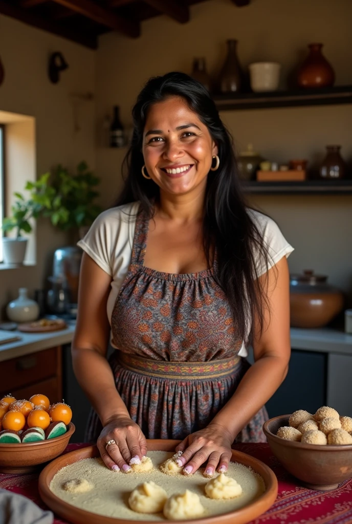 I need you to generate a very realistic image of a lady around 40 to 50 years old of Nicaraguan nationality who is dedicated to preparing traditional Nicaraguan sweets and who is making, for example, coconut cajeta., milk candy among other sweets from Nicaragua