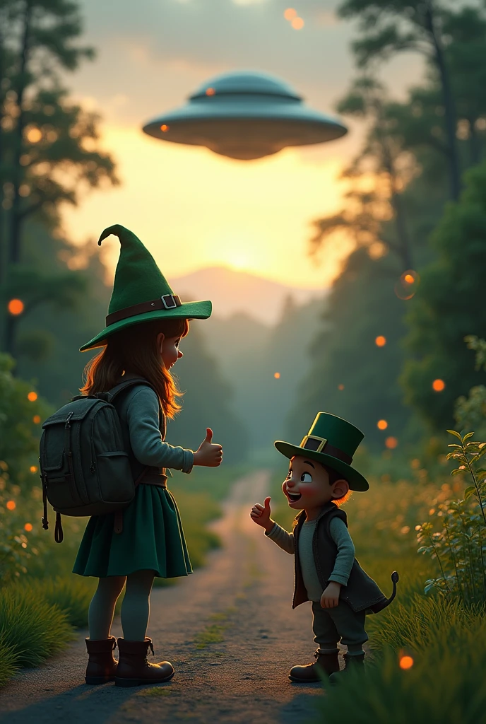 A road with lots of vegetation, a female traveler with a backpack on her back and a leprechaun hat, Giving a thumbs up for a ride to a UFO at dusk with fireflies in the air