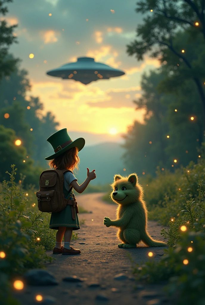 A road with lots of vegetation, a female traveler with a backpack on her back and a leprechaun hat, Giving a thumbs up for a ride to a UFO at dusk with fireflies in the air