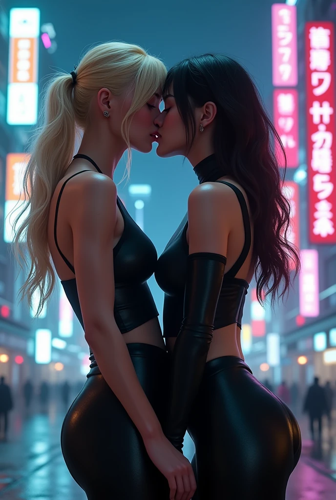 video of two Asian girls, a blonde and a brunette, kissing while wearing tight black clothes in a futuristic cyber punk Tokyo