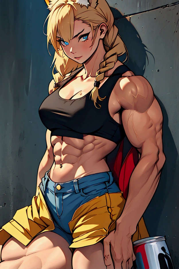 Heroine Very muscular woman body builder body of a professional fighter athletic great physical attributes tanned brown skin she has sun marks from her bra and thong panties in Vê, She is blonde with long hair with a single short red fringe and has two long braids and cat ears, It has eyes of two different colors, the left one is pool blue and has a pool blue sclera, the right one is yellow and has a yellow sclera, both eyes have a cat's pupil, She is wearing very typical Brazilian clothing, a women's tank top, denim shorts and flip-flops.. Art style Vtuber 2.5D. She is in a bar in the colorful Brazilian city. She is sitting holding a can of beer