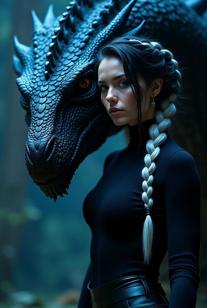 Close-up image, dark background, black and phosphorescent blue light, of an overly gigantic black dragon with golden eyes and an extremely beautiful white-skinned woman, black hair with white strands braided, dressed in black pants, and black leather turtleneck shirt, grayish eyes, 