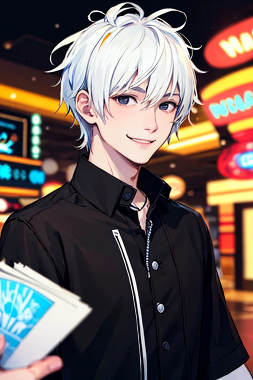 ((masterpiece)), (((best quality))), chromatic lighting,
colorized, white + black limited color palette, 
detailed concept drawing,
in a casino, Shibuya street fashion, no weird object on his face,
portrait, 25yo 1guy, slender, short white hair, black eyes, smiling