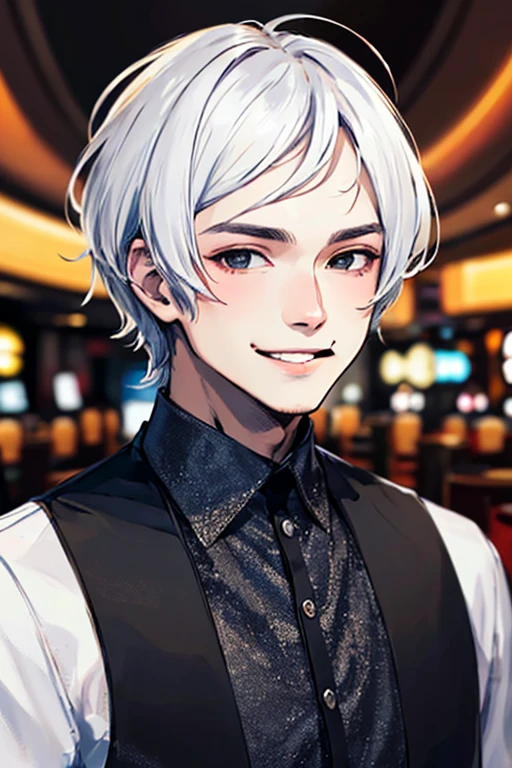 ((masterpiece)), (((best quality))), chromatic lighting,
colorized, white + black limited color palette,
detailed concept drawing,
in a casino, Shibuya street fashion, no weird object on his face,
portrait, 25yo 1guy, slender, short white hair, black eyes, smiling