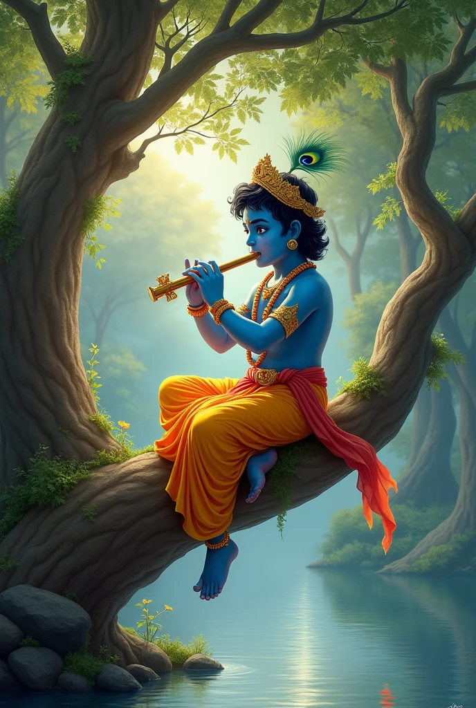 Shri krishna playing flute sitting on tree            branch on river