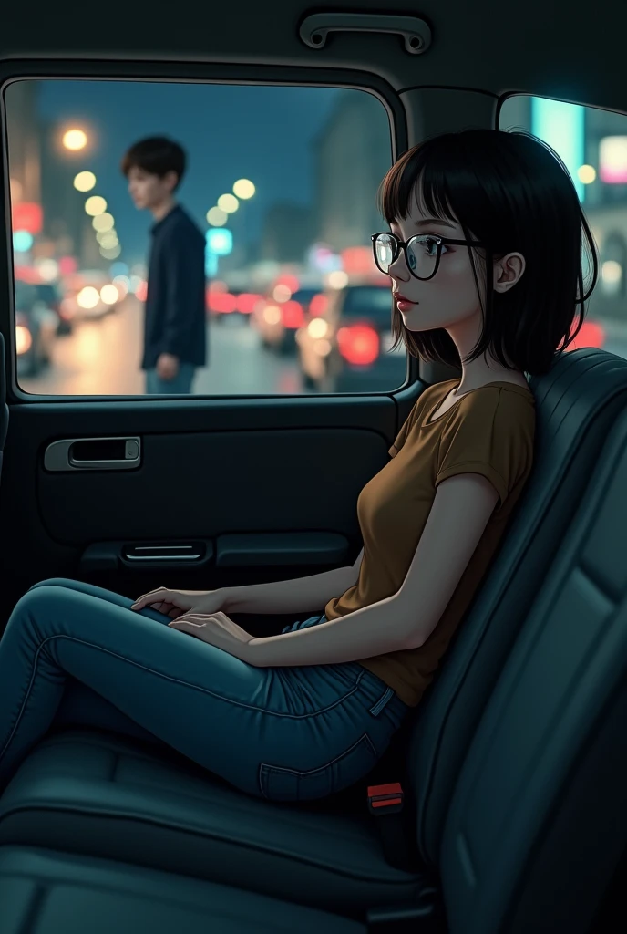 At night, a girl wearing a brown top, jeans and glasses is sitting in the third last row of a taxi and thinking about a boy wearing a dark blue shirt, jeans and white shoes.