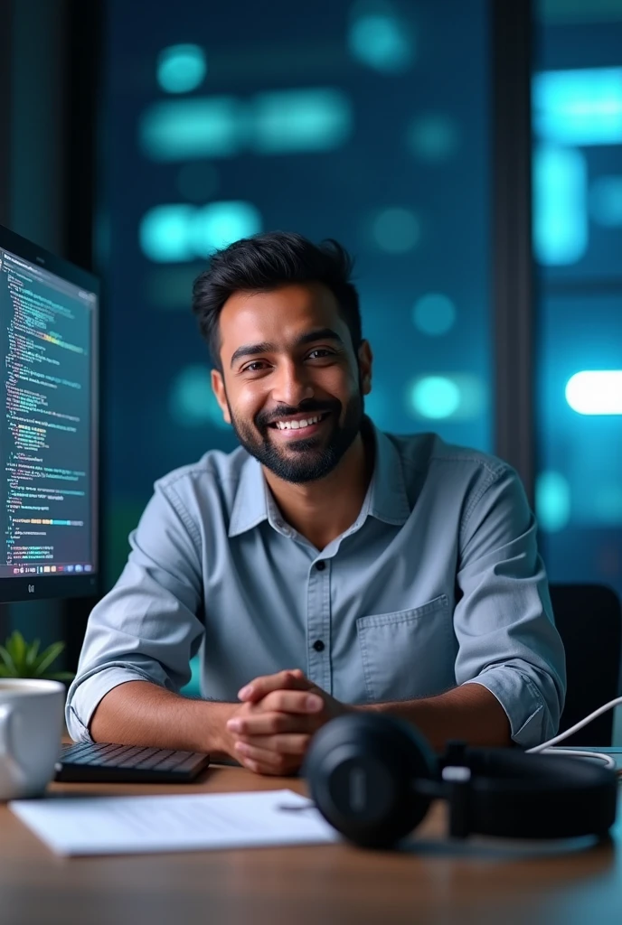 Create a banner for linked in which contains the name Rahul Vadakkiniyil and position Cloud Engineer and with a computer and coffee with headphone on the table