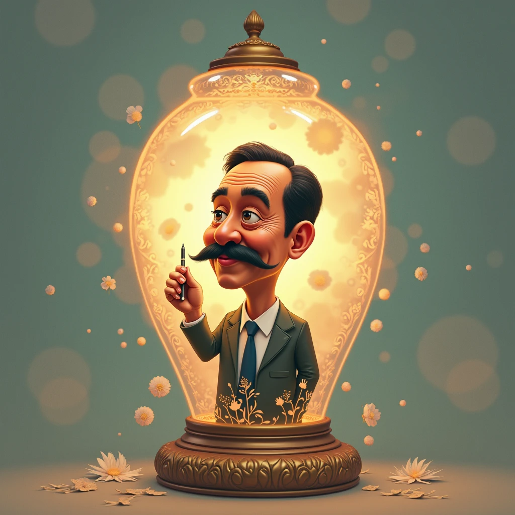 jokowi in a lamp with a mustache and a pastel in his hand 