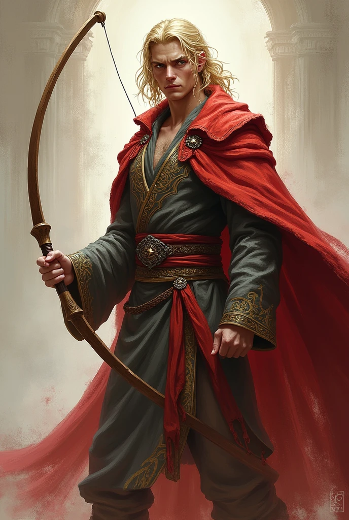 Male, adult, blonde, wielding sling, wearing mage robe with red cloth, portrait