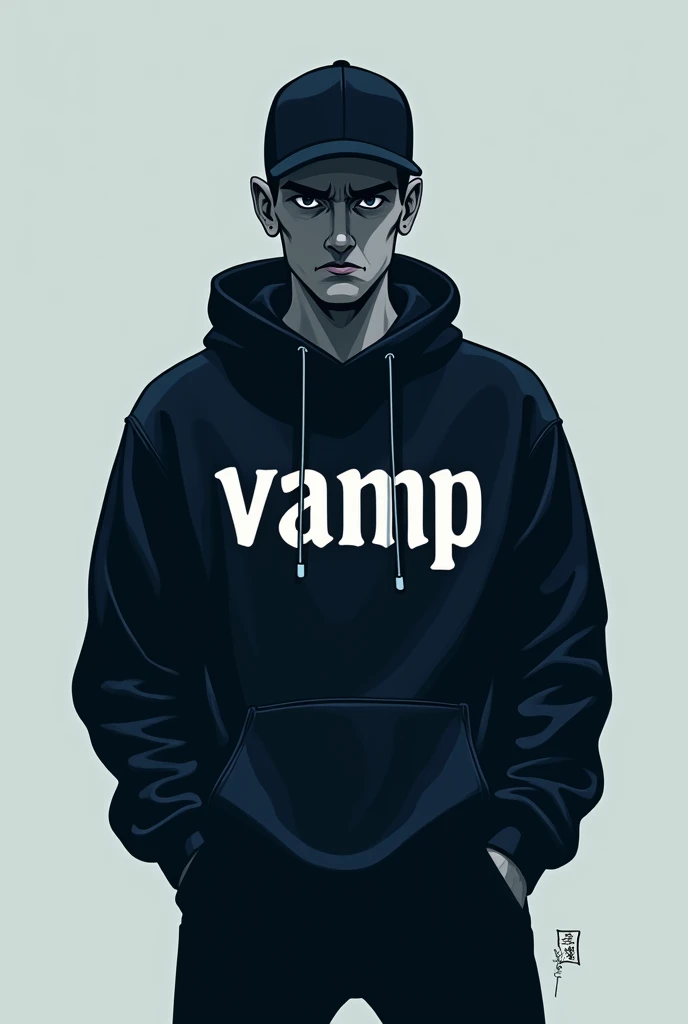 blue logo with name "vamp" with a vampire in a black cap and black sweatshirt with "vamp" written on the sweatshirt, a more serious vibe and in simple 2d