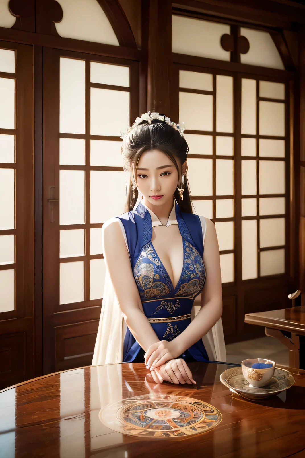 Highest quality,masterpiece,Ultra-high resolution,(Realistic:1.4),Xiuxian,arms,Detailed face,, One person,alone,arms,Cleavage,(magic circle:1.2),Xiuxian,Upper Body,beautiful girl,whole body,east asian architecture,sheath,architecture,
