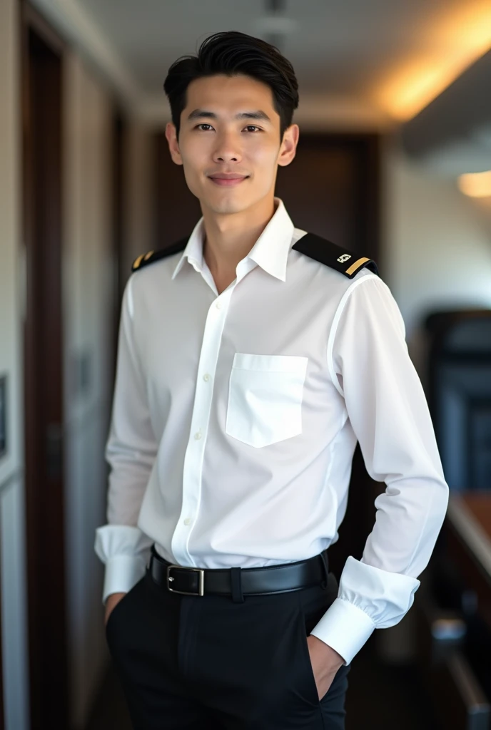a picture of handsone male cabin crew in his late 20s, thai-korean look, white skin, sleek, middle-parted hair, wearing a see through long sleeves white shirt that can see his sleeveless undershirt inside, have one pocket on his shirt, black pants, black belt with simple head, black tie, black shoulder badges, standing in cabin with both hands in his pockets
