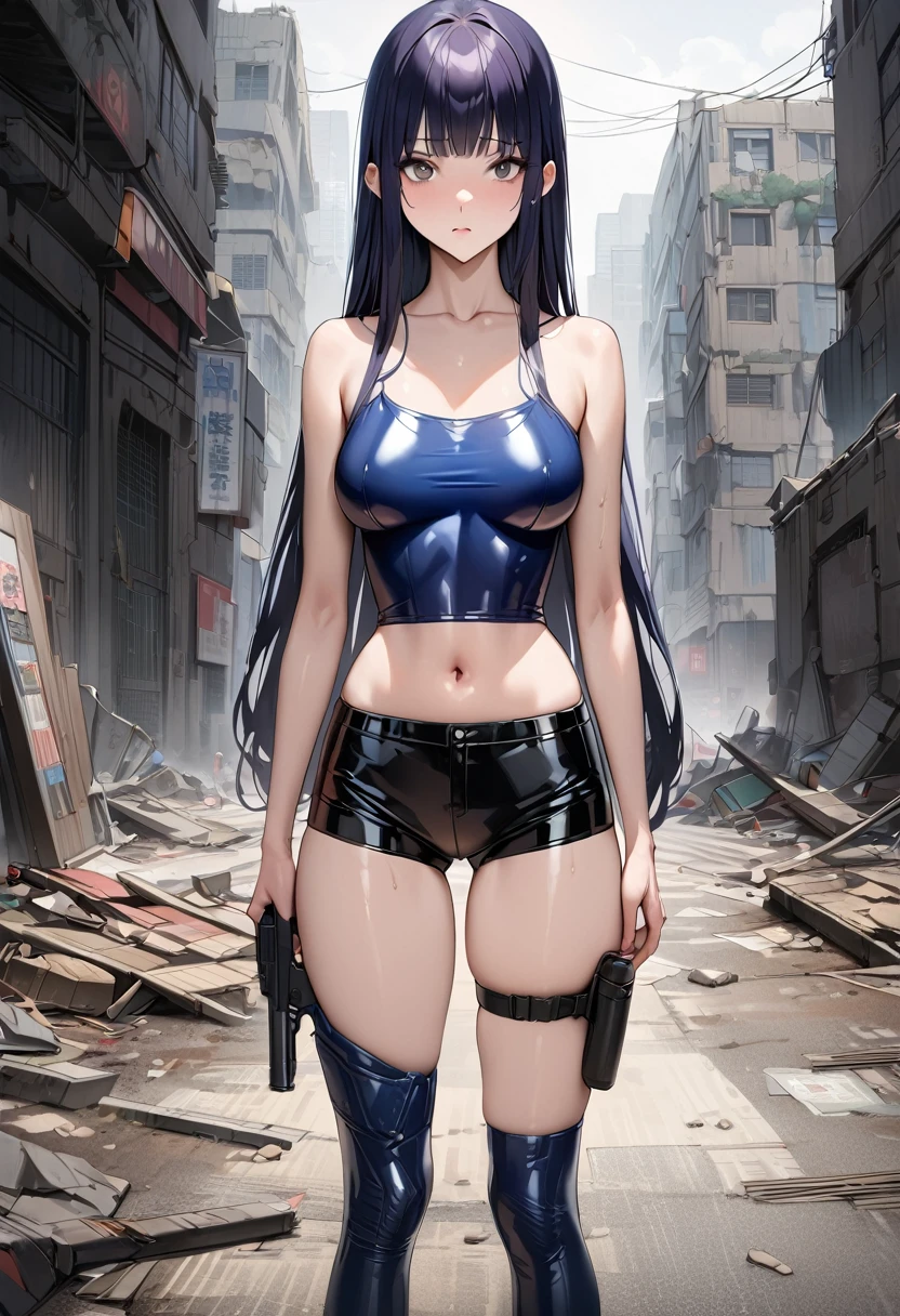 ((masterpiece,best quality anime,Highest quality:1.3)),realistic,cowboy shot,1woman,独奏,(30 year old beauty),((very small head:1.4)),((very long body:1.4)),(dark blue hair),straight long hair,(gorgeous big eyes),black eyes,Serious expression,((slender body:1.4,skinny)),(Dark blue tube top shirt、navel、Navy blue latex shorts),Leg holster medium breasts,,oily skin:1.2,gleaming skin,shiny skin, (holding handgun),standing,on road,Ruined city、Collapsed Buildings、Cyberpunk World、