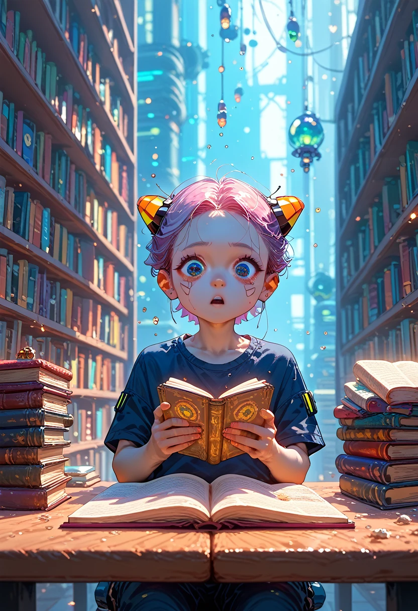 A gigantic futuristic library with thousands of books. A cyberpunk kid in the center of the library looks on in awe  