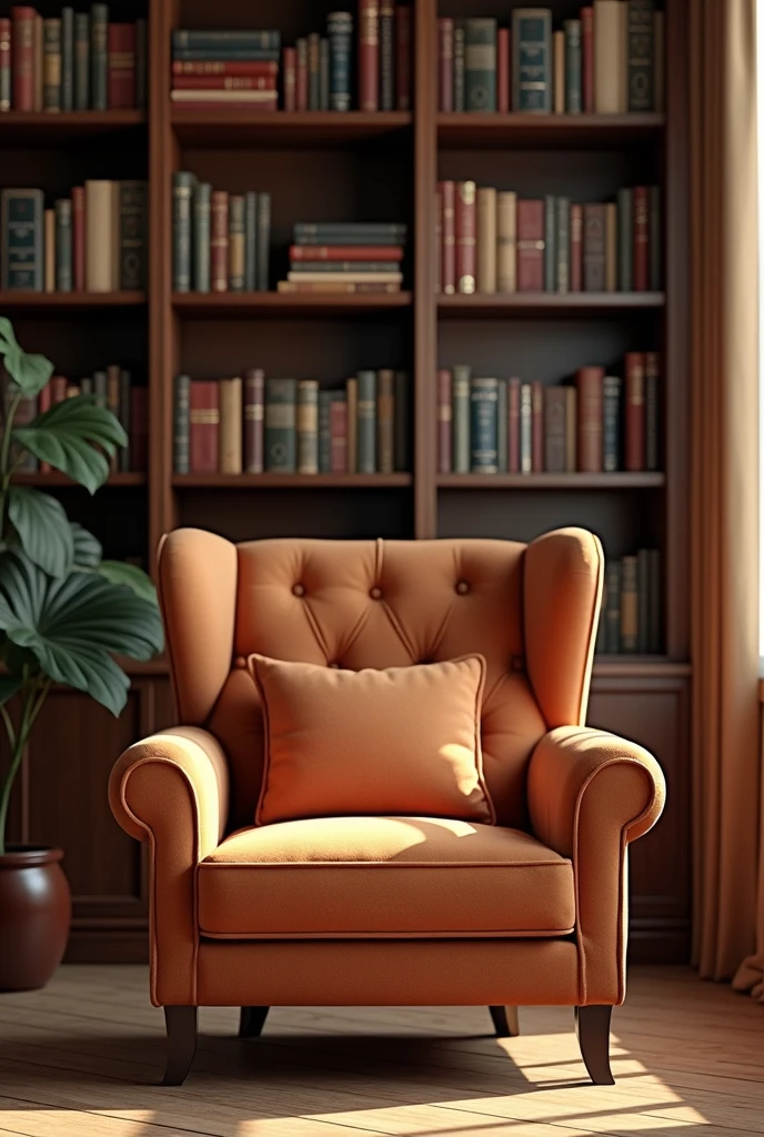Make an armchair and show only the front of the armchair and behind it place a bookshelf 