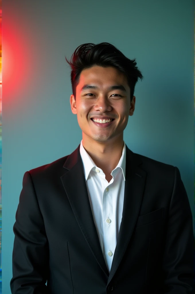 A young man with dark hair and a confident smile. He is dressed in a black blazer over a white shirt. The man is positioned against aqua colour backdrop with a subtle red lighting on the left side. and he posing for Linkedin profile
