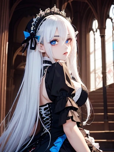 A gothic punk goth girl, perfect face, beautiful Asian woman with long White hair in White curls and coils, very cute and beautiful girl, (highly detailed beautiful face), high detailed fingers, (Blood Red corset) detailed face, curled white hair ]((1girl,cute,young, long beautiful White hair, beautiful blue eyes)), double d bust  (solo),((masterpiece, highest resolution, best quality)), (beautiful illustration),( gothic Lolita costume),(looking back at the viewer), walking up stairs 