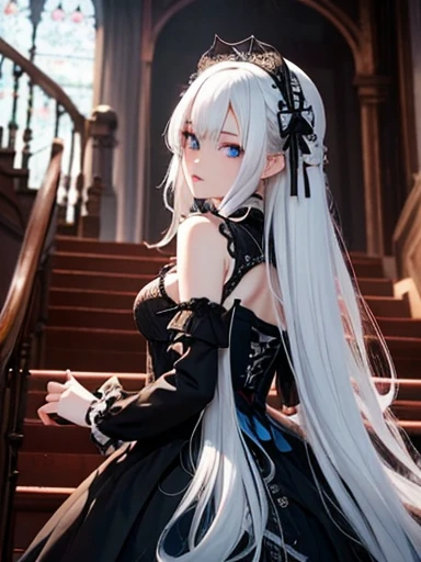 A gothic punk goth girl, perfect face, beautiful Asian woman with long White hair in White curls and coils, very cute and beautiful girl, (highly detailed beautiful face), high detailed fingers, (Blood Red corset) detailed face, curled white hair ]((1girl,cute,young, long beautiful White hair, beautiful blue eyes)), double d bust  (solo),((masterpiece, highest resolution, best quality)), (beautiful illustration),( gothic Lolita costume),(looking back at the viewer), walking up stairs 