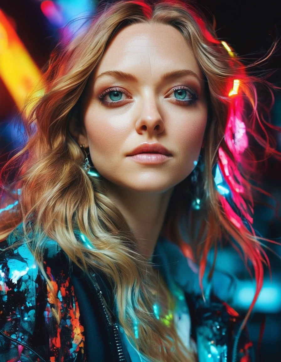 amndsyfrdsoph woman wearing fancy street wear, neon light, centered| intricate| highly detailed| breathtaking beauty| precise lineart| vibrant| comprehensive cinematic| Carne Griffiths| Conrad Roset, 8k, oil painting, cinematic lighting, best quality, highres, dynamic pose