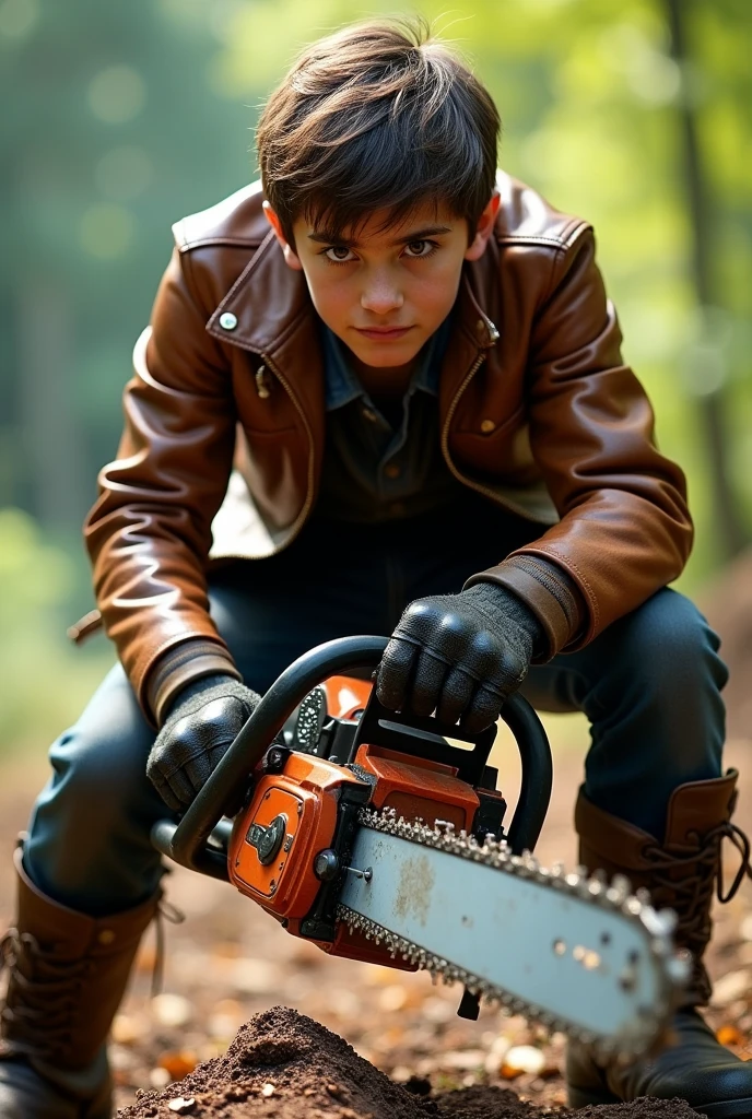 Young guy in leathers starting chainsaw