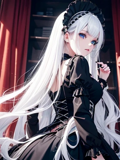 A gothic punk goth girl, perfect face, beautiful Asian woman with long White hair in White curls and coils, very cute and beautiful girl, (highly detailed beautiful face), high detailed fingers, (Blood Red corset) detailed face, curled white hair ]((1girl,cute,young, long beautiful White hair, beautiful blue eyes)), double d bust  (solo),((masterpiece, highest resolution, best quality)), (beautiful illustration),( gothic ta costume),(looking back at the viewer), walking up stairs 