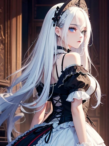A gothic punk goth girl, perfect face, beautiful Asian woman with long White hair in White curls and coils, very cute and beautiful girl, (highly detailed beautiful face), high detailed fingers, (Blood Red corset) detailed face, curled white hair ]((1girl,cute,young, long beautiful White hair, beautiful blue eyes)), double d bust  (solo),((masterpiece, highest resolution, best quality)), (beautiful illustration),( gothic ta costume),(looking back at the viewer), walking up stairs 
