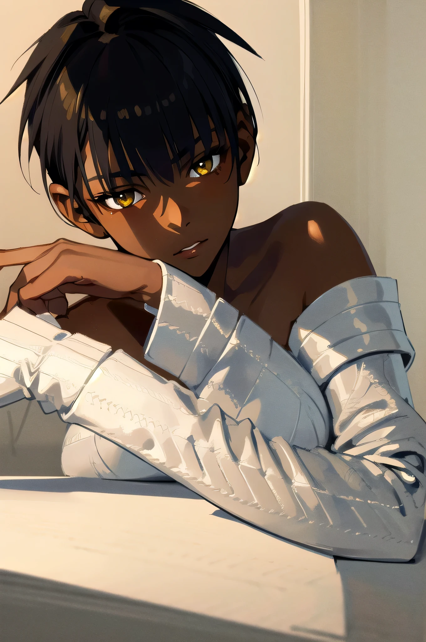 solo, best quality, masterpiece, extremely detailed CG, extremely detailed 8K wallpaper, extremely detailed character, (an extremely delicate and beautiful portrait), portrait, solo, sharp focus, dark skinned tomboy girl with (((sides shaved))) head, black hair, yellow eyes, detailed close-up portrait, head rest pose