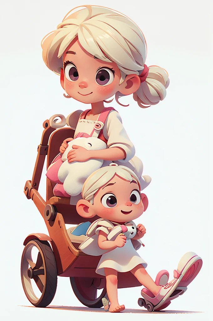 Perfect anatomy, 1 girl, solo, skinny bodk, with white background, pushing a baby stroller, a stuffed toy, wearing a dress, happy and looking at the camera, cute appearance, barefoot