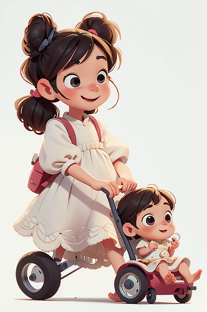 Perfect anatomy, 1 girl, solo, skinny bodk, with white background, pushing a baby stroller, a stuffed toy, wearing a dress, happy and looking at the camera, cute appearance, barefoot