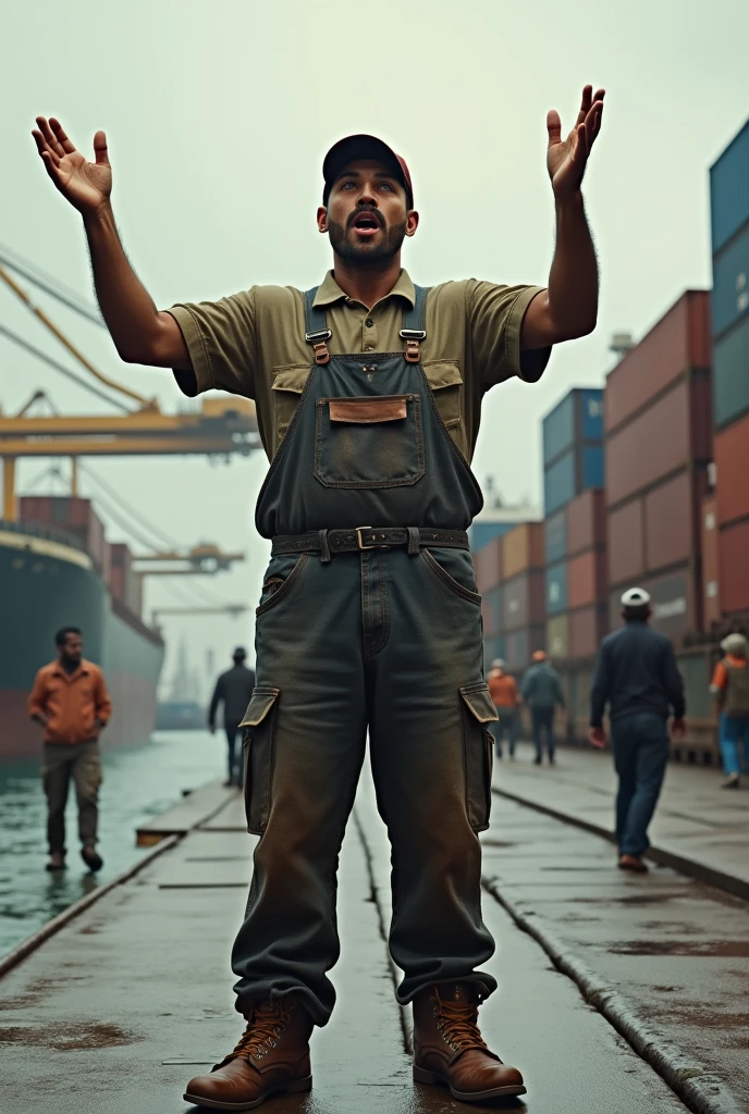 Dock worker with a harbor in the background. The dock worker throws his hands up in astonishment.