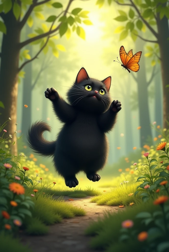 There is a fluffy black cat that is jumping up with its paws to catch a butterfly. The scene is set in a beautiful forest, with soft sunlight filtering through the leaves. The cat looks playful and mischievous.