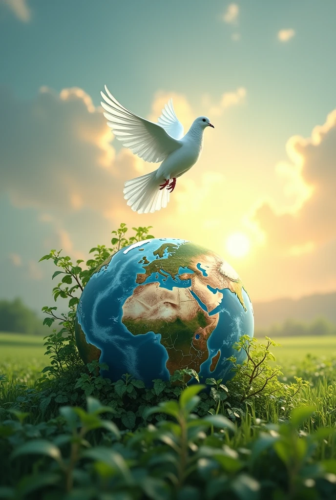 Create an image of globe in nature form and sky and and white pigeon flying and hope growing three plus slight rising sun..make this as background image 