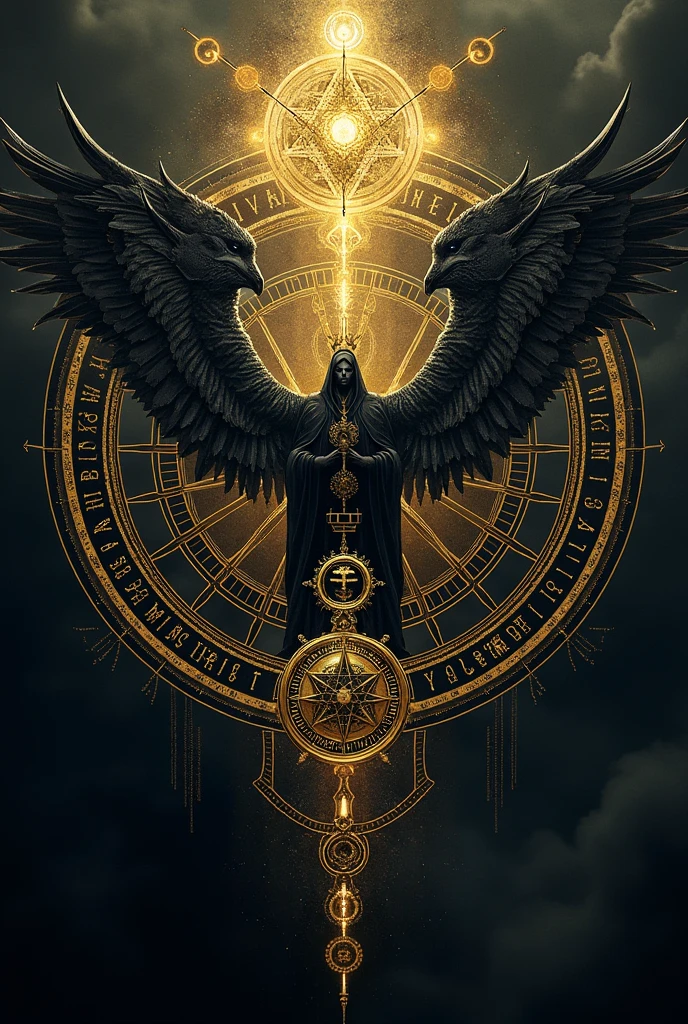 A dark, mystical illustration depicting the 72 demons of Solomon and the 72 names of God, in a tetragammatic sigil style, (best quality,4k,8k,highres,masterpiece:1.2),ultra-detailed,(realistic,photorealistic,photo-realistic:1.37),dark fantasy,occult,esoteric,mystical,intricate patterns,black and gold color palette,dramatic lighting,cinematic composition