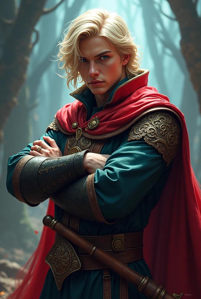 Male, adult, blonde, wielding slingshot, wearing mage robe with red cloth, portrait