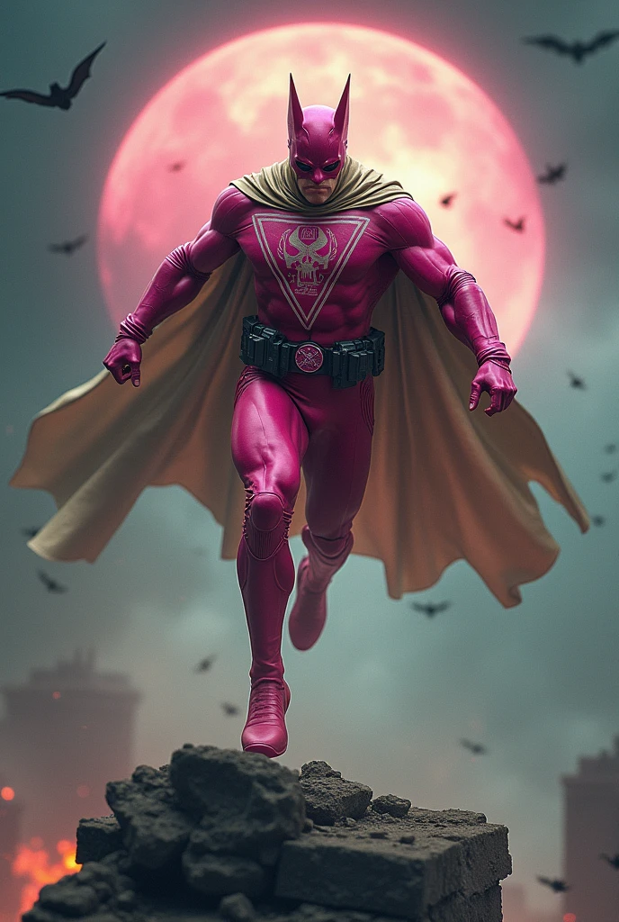Malaysia man in high-tech suit, vivid effects, malaysian superhero(( (KELUANG MAN)) in a striking pink and brown beige costume cyberpunk design((, mask small mini bat ear beige,)) daredevil beige mask, jumpsuit dark pink stands confidently in a dramatic.jumping from high place.hero costume.one hand rise up. (Big triangle logo on the chest.high detail Punisher logo on the chest)). jumping from hight place. Fighting pose , stormy landscape. ((Head covered node guard like batman. Running pose , athletic body type, small mini ear bat mask))The character wears domino mask a helmet with pointed mini torn ears and a flowing cape biege, open nose and mouth. Equipped with visible futuristic weapons on a belt,bullet proof jacket pink dark day.show fingers pose, dark night, big supermoon effect . Small logo on chest triangle shape small ((mitch gerads punisher ))logo center triangle cyber logo center on chest pink logo mini logo . rocky. Building top.smoke ground , bomb effect background, losse pants, losses costume.adding to --ar 3:4 --style raw --stylize 500 --v 6.1. chaos. Lot of small flying bat. One leg on the high stone. Man. Backpack . Real man age 40 year old. One hand holding belt. Jump from high place. Open cape.