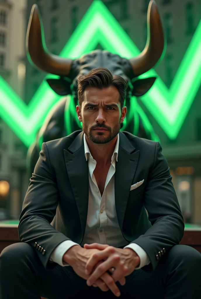 A young Ricj man with attitude face sitting in a boss site with big bull and in behind he has zig zag sign Arrow in green colour which is your stock market