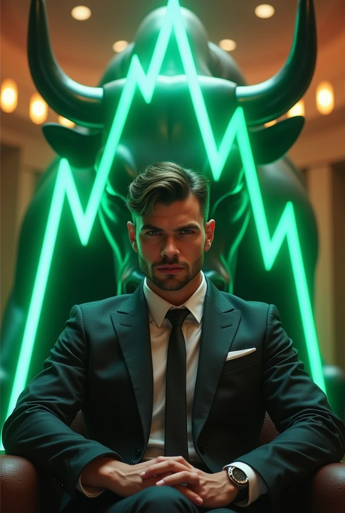 A young Ricj man with attitude face sitting in a boss site with big bull and in behind he has zig zag sign Arrow in green colour which is your stock market