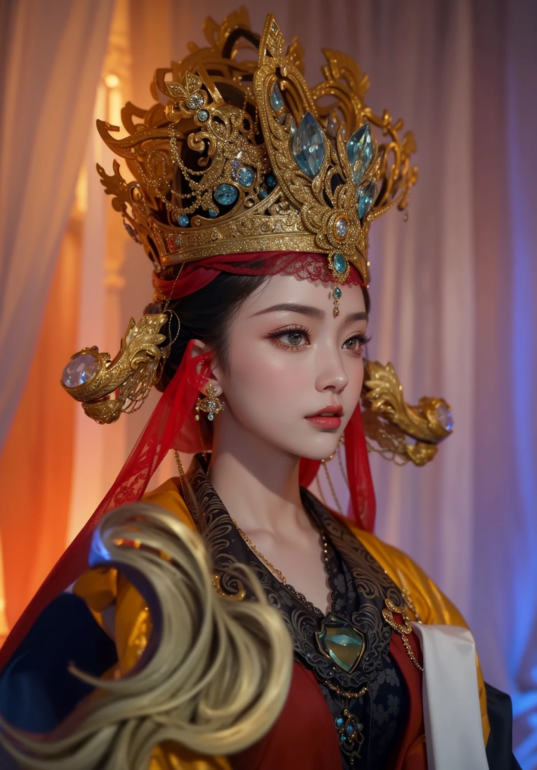 Royal sisters，Exquisite eyes，Frozen Queen，Put the crown on your head，Detailed facial expressions body，Tall and big，Glamorous characters，Leg length，4K，HD，Sensual，White translucent lace，白皙full image，Little cherry mouth，Beautiful and lovely，full image，Glossy Gel Coat，Vampire Queen in luxurious robes，Have a tattoo(Intricate tattoo designs)，Ice Princess，Rich facial details，Gold diamonds，Luxurious and exquisite jewelry，Lace Printed Silk Dress，Empress Wu Zetian wearing the most luxurious Chinese crown