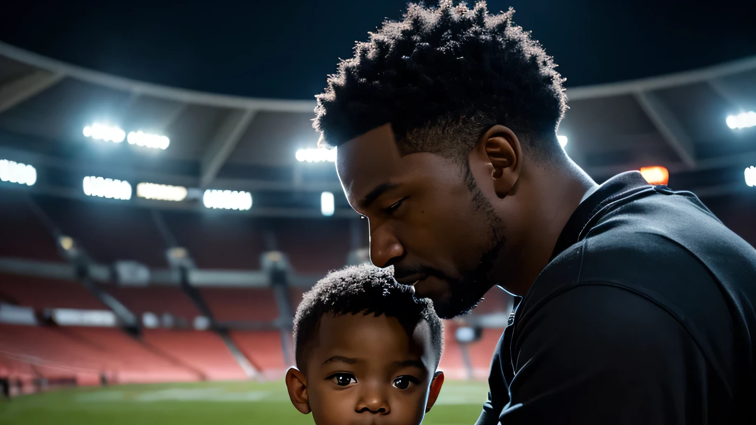 a black father and son in a large stadium at night, detailed facial features, close-up portrait, warm lighting, dramatic cinematic atmosphere, realistic, photorealistic, HDR, 8k, highly detailed, sharp focus, physically-based rendering, professional, vivid colors, cinematic lighting, dramatic shadows, awe-inspiring, emotional moment, tender embrace, love and pride