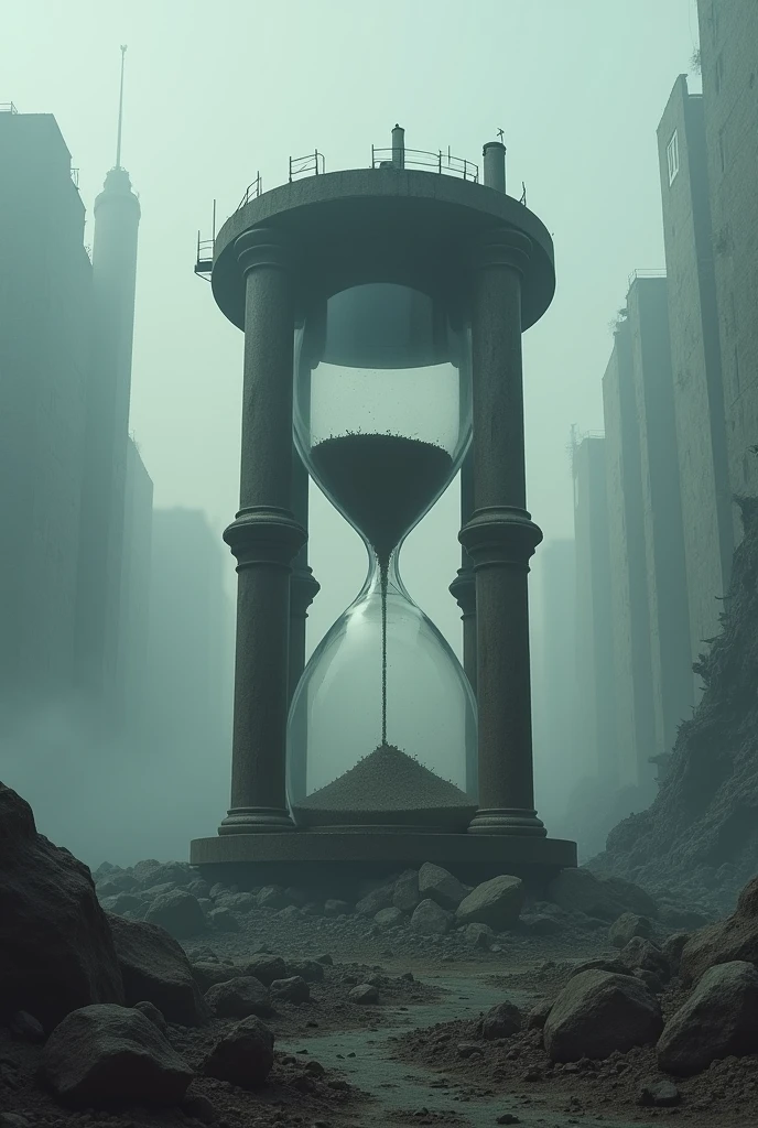 HOURGLASS WITH SAND AT THE END,LARGE BUILDINGS OUT OF BLUR,DESTRUCTION AND GREY SKY