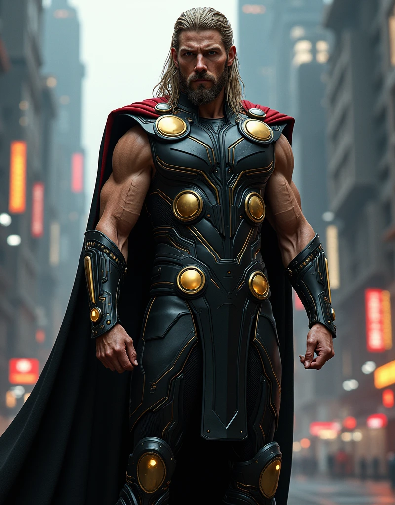 Thor Odin son black suit with glowing golden lighting cyberpunk futuristic costume cenematic background
