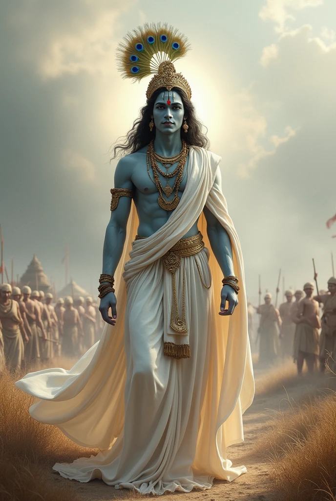 lord krishna in White clothes in peacock tail in Head and normal skin, standing position, background kurukshetra battle ground