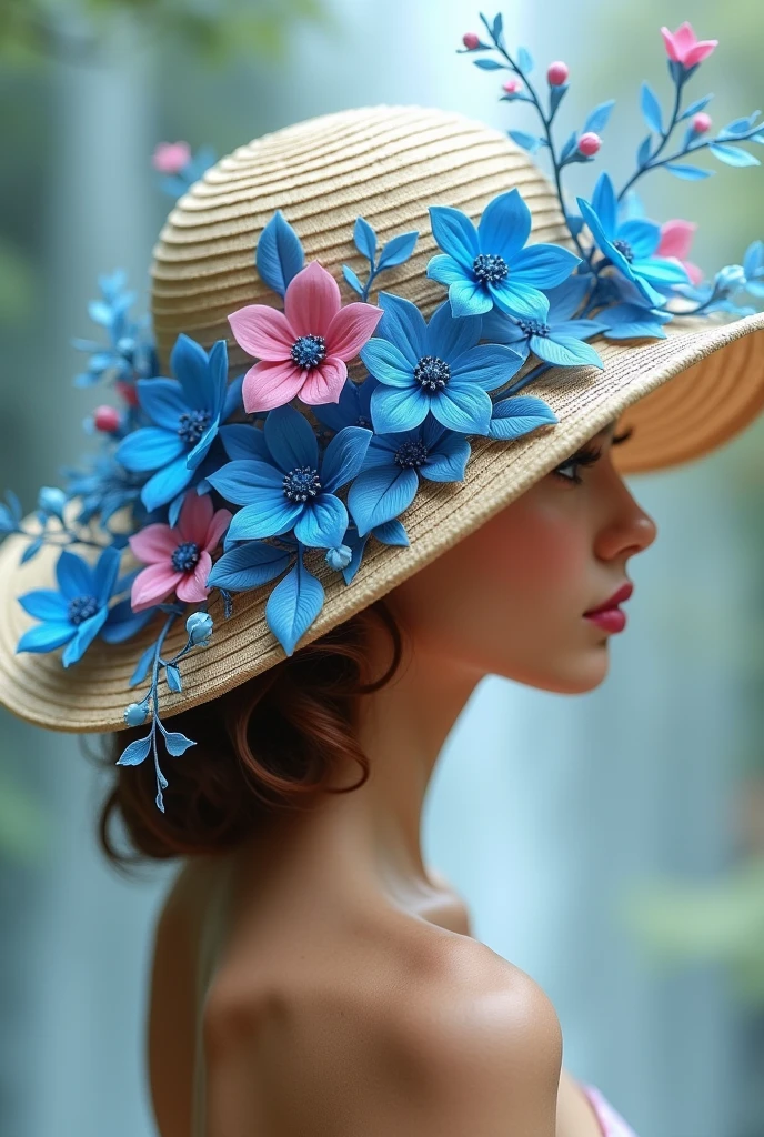 Blue and orchid flower design Make it around the hat like hanging flowers from a vine. It hanging edge of the hat