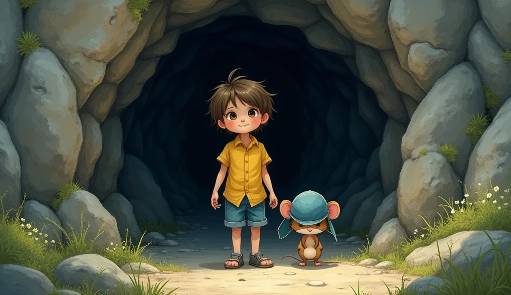 drawing of a (( boy)) dark yellow shirt dress and blue shorts accompanied by a small mouse (( wearing a blue exploration hat)) at the entrance of a small mysterious cave (( they are looking at the cave)). Masterpiece of Art