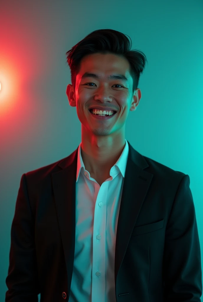 A young man with dark hair and a confident smile. He is dressed in a black blazer over a white shirt. The man is positioned against aqua colour backdrop with a subtle red lighting on the left side. and he posing for Linkedin profile