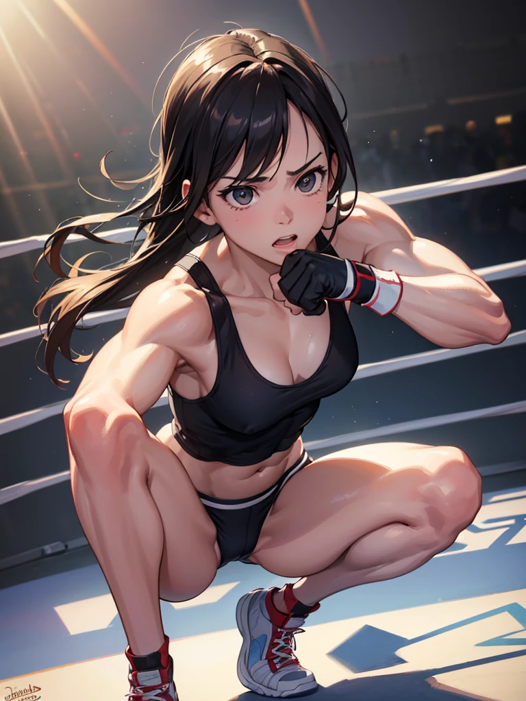 a muscular woman in a boxing ring, wearing a tank top and shorts, with short brown hair, a tense expression, and a mouthpiece, holding both gloves under her face to intimidate her opponent, leaning forward in a fighting pose, with the referee crouching to the side and a cheering crowd in the background,(best quality,4k,8k,highres,masterpiece:1.2),ultra-detailed,(realistic,photorealistic,photo-realistic:1.37),hyperrealistic,extremely detailed face and body,chiaroscuro lighting,dramatic cinematic lighting,intense atmosphere,powerful,strong,athletic,determined,confident,dynamic,impressive musculature,six pack abs,small breasts,boxing,sports,action,fight,tension,drama