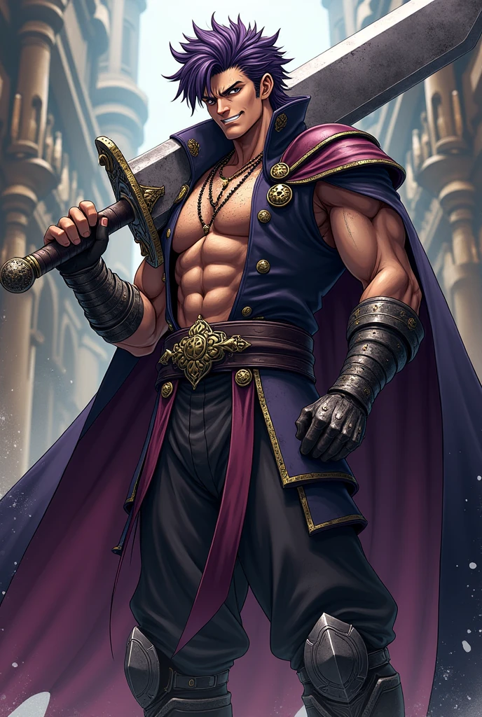 A character for my role-playing game has to look like this; man, noting that it measures 1.20cm tall, Tez blanca, hair between very dark purple and black, carrying a very large and heavy sword on his back, wearing semi-heavy armor, with a big arrogant smile on his face, in the style of medieval anime role-playing, doing an iconic pose from the anime jojos bizarre adventure, with medium musculature, with shading in the style of the anime jojos bizarre adventure, 1