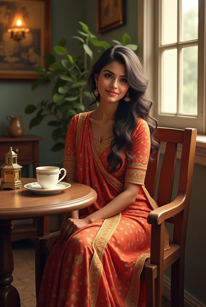 Beautiful punjabi girl with suit sitting on chair and table with cup