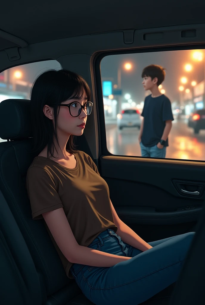 At night, a girl wearing a brown top, jeans and glasses is sitting in the third last row of a taxi and thinking about a boy wearing a dark blue shirt, jeans and white shoes.